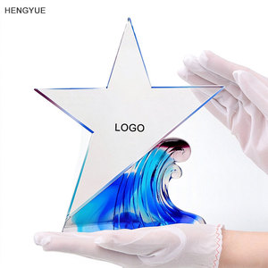 Trophée en cristal personnalisé gravé au laser avec logo et texte, forme étoile, base en Liuli Wave, pour reconnaissance d'équipe et récompense d'enseignant - Product Image 1