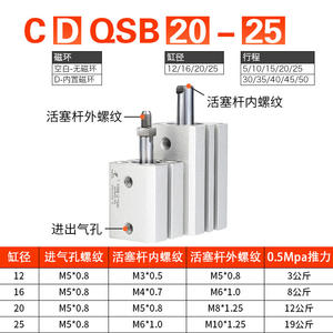 กระบอกลมแบบสองทาง Xingchen รุ่นบาง CQSB12/16/20/25-5D*10*15X50DX30X75D/DM สำหรับงานเกษตร พร้อมเกลียวในและเกลียวนอก - Product Image 5