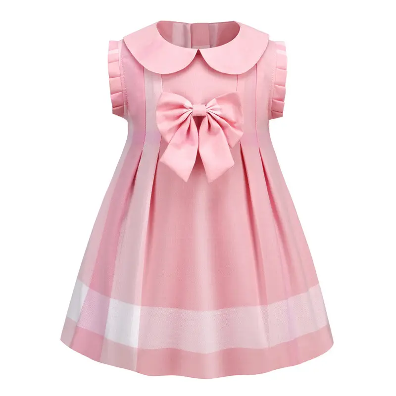 Sweet Pink Girl Fashion Short Dress Children's Plaid Smocked Korean Dresses for Kids Girl