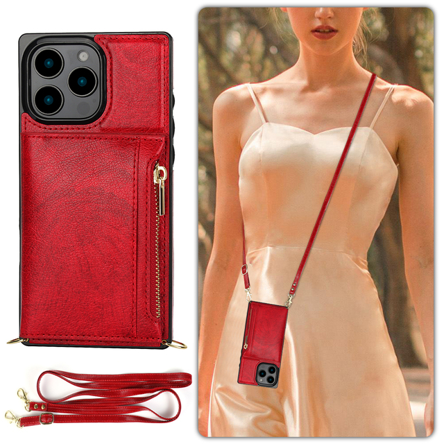 Luxury PU Leather Crossbody Chain Phone Case Card Holder Flip Stand Lanyard Shockproof for iPhone 17 17 Pro Max Huawei Samsung