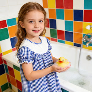 Robe à carreaux bleue pour filles avec col Peter Pan blanc, manches courtes à volants, robe décontractée d'été pour enfants - Product Image 2