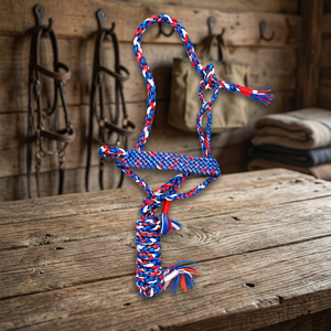 Rub International Modèle 7860H Premium, Lanière de nez pour chevaux de course en corde de nylon nouée à la main, durable, tressée arc-en-ciel, avec logo personnalisé | - Product Image 1