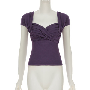 Nouvel Arrivage – T-<span class=keywords><strong>shirt</strong></span> d'été <span class=keywords><strong>violet</strong></span> moulant pour <span class=keywords><strong>femme</strong></span>, col carré, froncé, manches courtes, coupe ajustée - Product Image 4