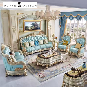 Divano in Stile Europeo per Villa di Lusso, Combinazione 1 2 3 Posti, Set di Divani in Legno Massello Intagliato e Pelle Anticata - Product Image 1