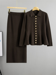 Conjunto de punto de talla universal para mujer, estampado, primavera-otoño, cárdigan, suéter, falda a la cadera, falda de medio cuerpo, dos piezas - Product Image 1