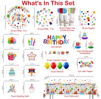 Fournitures pour fête d'anniversaire : Assiettes, gobelets, serviettes, nappes, décorations de gâteau, bannière suspendue, spirales, centres de table en nid d'abeille, vaisselle