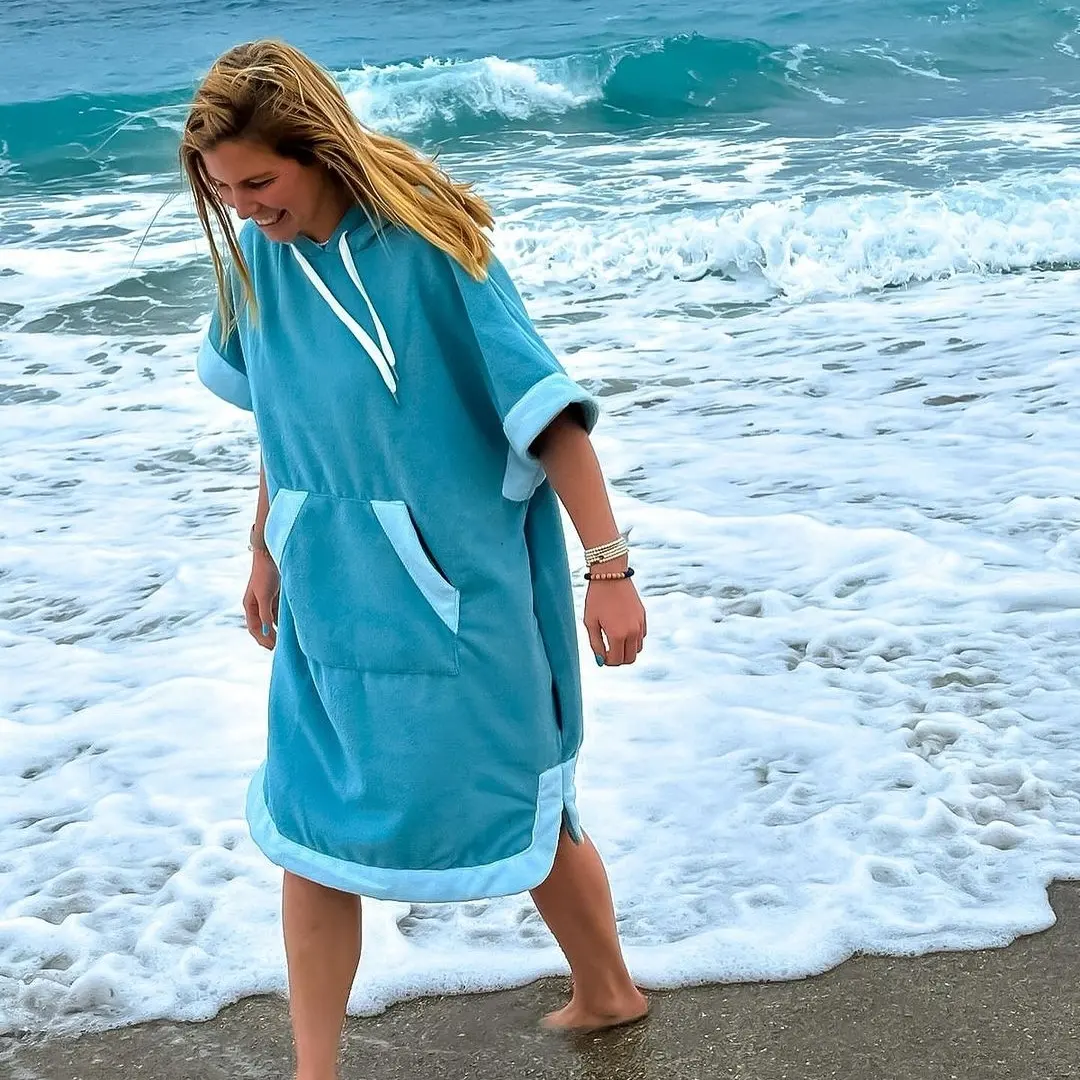 Custom Microfiber terry hooded beach poncho towel robe surf poncho changing towel for adult