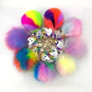 New Acrylic Painted Unicorn Pom Ball Keychain Lady Bag Accessories Pendant Fluffy Puff Ball Keychain