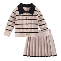Ensemble jupe plissée et cardigan rayé en tricot pour filles, tenue scolaire quotidienne, style preppy, automne-hiver