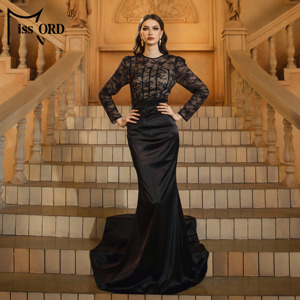 Abito da Sera Elegante e Sobrio da Donna a Sirena in Raso <span class=keywords><strong>Nero</strong></span> con <span class=keywords><strong>Pizzo</strong></span>, <span class=keywords><strong>Maniche</strong></span> <span class=keywords><strong>Lunghe</strong></span> e Strascico Lungo - Product Image 4