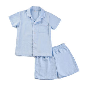 Fournisseur de qualité, vêtements en tissu de lin, ensemble pyjama d'été à manches courtes avec short, pyjama pour enfants, pyjama simple pour filles - Product Image 2