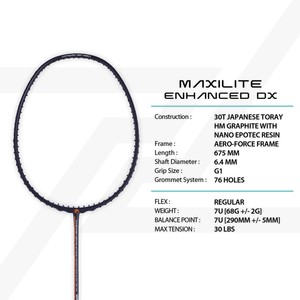 Raquette de badminton Protech Maxilite Enhanced DX LITE légère 82g, cadre en graphite japonais Toray HM 24T pour des performances puissantes - Product Image 6