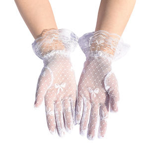 Gants courts en dentelle et résille MIO pour femme, avec nœud, noirs et blancs, style vintage, à volants au poignet, élégants, pour mariée, mitaines de soirée et de <span class=keywords><strong>mariage</strong></span> - Product Image 4