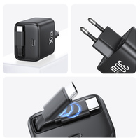 USAMS adaptor colokan rumah, Multi 2 port Gan 30w pengisian Super cepat Travel Home Plug Adapter Usb Tipe C pengisi daya kabel dapat ditarik 2024