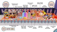 Équipement de jeu intérieur commercial à thème pastel : Toboggan triple à bandes lumineuses, Piscine à balles rose, Fontaine à balles, Carrousel animalier, Piscine à billes