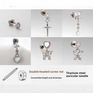 Copper CZ Dangle <b>Piercing</b> <b>Earrings</b> with Butterfly Heart Cross Charms | Stainless Steel Barbell Cartilage Jewelry for Women - Product Image 2
