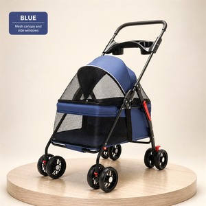 Poussette pliable bleue pour animaux de compagnie avec porte-animaux amovible, pliage à une main, maille respirante pour petits chiens et chats - Product Image 3
