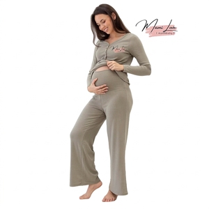 Ensemble pyjama de maternité 3 pièces respirant à col en V <span class=keywords><strong>et</strong></span> fermeture boutonnée, manches longues, pantalon, couleur naturelle, coupe classique - Product Image 1