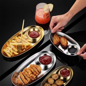 304 Stainless Steel Snack Plate With Dipping Compartment 20 Cm For Bar Restaurant Fried Food Serving - Product Image 1