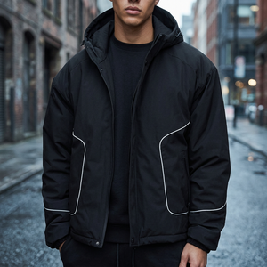 ZULARI IMPEX Men's Black Silk Coated Varsity <b>Jacket</b> Stand Collar Solid Color <b>Gothic</b> Autumn Slim Fit Zipper Closure Front Hooded - Product Image 3