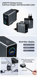 Cargador de Viaje de Pared con IA de 100 W GaN con Pantalla TFT y Cable Retráctil - Product Image 6
