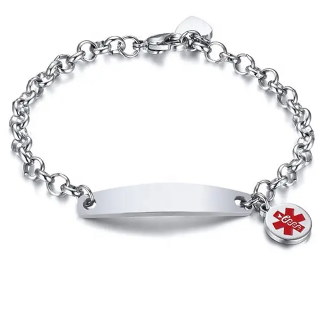 Yiwu-pulsera de acero inoxidable para mujer, brazalete con grabado personalizado, barra de alerta médica, cadena Rolo Simple, moneda