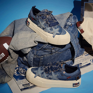 Denim <b>Platform</b> Skate <b>Shoes</b> Star Patch Frayed Raw Edge Thick Off White Sole Street Sneakers - Product Image 2