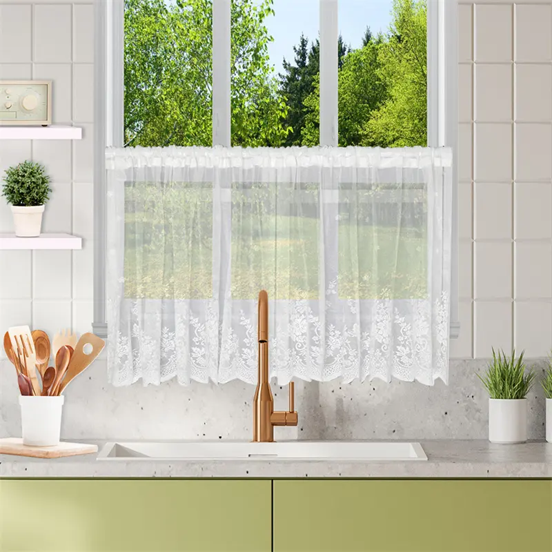 High Quality American Style Floral Pattern White Half Transparent Tulle Short door Curtain, Lace Sheer Curtains for Kitchen Cafe