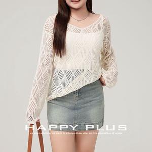 Happy Plus Top de punto hueco para mujer, manga larga, corte holgado, color blanco, informal, talla grande, tejido suave N8920 - Product Image 1