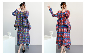 Ensemble 2 pièces plissé Miyake : Haut rayé décontracté et élégant à manches longues et col rond, et <span class=keywords><strong>jupe</strong></span> plissée trapèze longueur cheville - Product Image 6