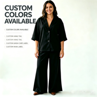 Setelan Wanita Ukuran Besar Musim Gugur 2 Potong, Blazer Lengan 3/4 dan Celana Kaki Lebar, Model Kasual Kancing, Longgar