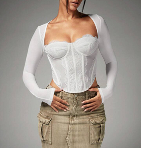 Nueva llegada al por mayor bordado encaje Bustier Top para las mujeres de manga larga corsé tubo cintura entrenador camiseta - Product Image 4