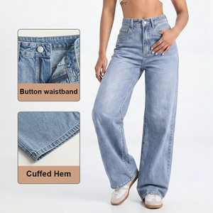Jeans de Cintura Alta, Talla Grande, Corte Ancho y Holgado para Mujer, <span class=keywords><strong>Pantalones</strong></span> de Mezclilla Elástica, MOQ Bajo, Listos para Enviar, Plazo de Entrega de 15 Días - Product Image 5