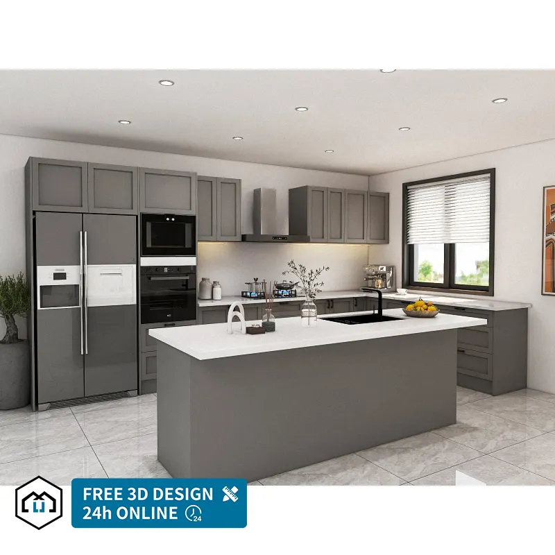 Otomatik mat gri özel mutfak dolabı melamin kurulu mutfak dolabı tasarımı mutfak mobilyası