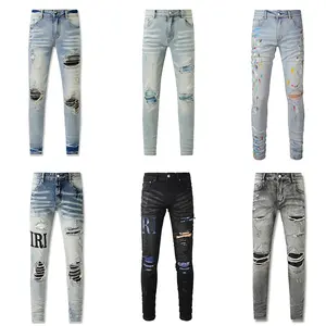Top Quality Amiry Jeans Patch Denim Baggy Print Streetwear Distressed Ripped Slim Fit Custom American Men's Denim Jeans