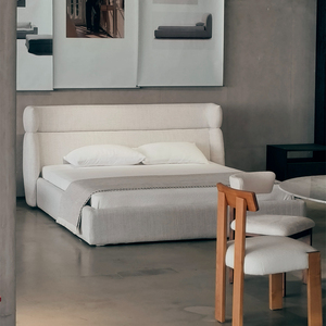 Cama Tapizada Minimalista de Tela de Algodón y Lino Blanco con Cabecera Curva, Cama Moderna y Cómoda Tamaño King/Queen - Product Image 1