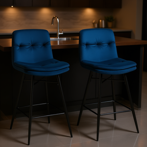 Taburetes de Bar Acolchados de Terciopelo de 29 Pulgadas con Base de Metal Azul, Muebles de Bar Contemporáneos - Product Image 2