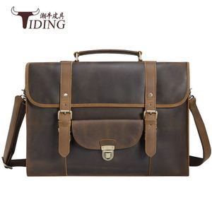 Tiding Genuine Leather <b>Briefcase</b> Men's Horizontal Shoulder Bag Business Travel Dark Brown - Product Image 2