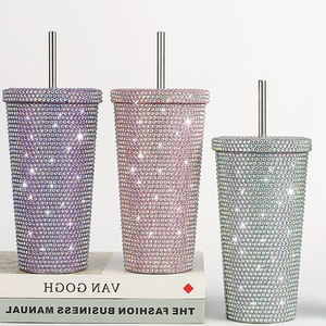 Gobelet en cristal de luxe de 17 oz avec strass placés à la main, matériau en acier inoxydable, isolation thermique chaude, couvercle en paille de café - Product Image 6