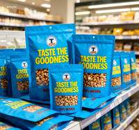 Sachets d'emballage plastique personnalisés imprimés, résistants à l'humidité, de qualité alimentaire, avec fermeture éclair, trou de suspension et fenêtre, pour snacks et aliments pour animaux de compagnie