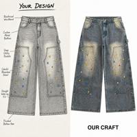 Jean droit léger personnalisé 15oz pour homme, style décontracté vintage, en denim, avec strass colorés et double genouillère, coupe charpentier