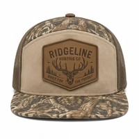 Casquette de baseball en maille camouflage à 7 panneaux avec logo en caoutchouc personnalisé, casquette de chasse d'extérieur à visière plate, casquette snapback, fabricant OEM ODM BSCI