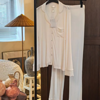Piyama Kasual Bergaris Terbaru Bahan Modal Polos Lengan Panjang Celana Bernapas Musim Semi Gugur Pakaian Tidur Wanita Bahan Bambu