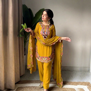 Yellow Embroidered Indian Pakistani Set Long Sleeve <b>Kurta</b> Palazzo Dupatta Traditional <b>Dress</b> for Party Wedding - Product Image 1