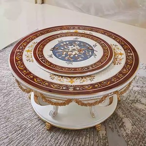 Tavolo <span class=keywords><strong>da</strong></span> <span class=keywords><strong>Pranzo</strong></span> e Sedie in Stile Francese con Intarsi in Conchiglia, Lussuoso Tavolo Rotondo Intagliato Europeo con Ruota Girevole per Villa e Ristorante - Product Image 2