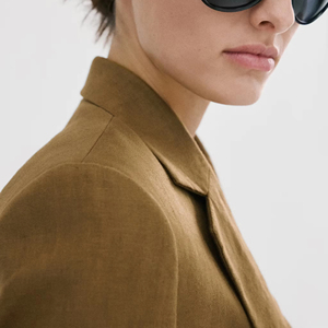 Chic Khaki Olive Linen Blend Notched Lapel Relaxed Fit Single Breasted Blazer women's suits&blaz - Product Image 5