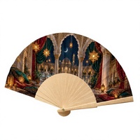 Éventail pliant en bois islamique avec motif mosquée, cadeau de l'Aïd, souvenir de festival