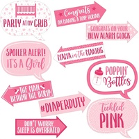 Kit d'accessoires amusants pour photomaton de baby shower 'It's Girl' rose, 10 pièces, formes de flèches et bulles de discours en papier, pour configuration DIY, bâtonnets d'accessoires inclus |