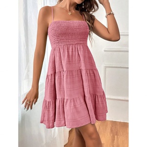 Vestido de verano para mujer, de cintura alta, sin tirantes, con volantes escalonados, estampado floral, tejido, mini, estilo camisero, para playa y sol - Product Image 2