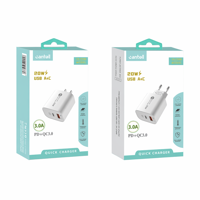 Cantell OEM PD 20W USB Charger US EU Charge Plug 12W USB A+C Power Adapter Fast Charging for Mobile Phone Charge